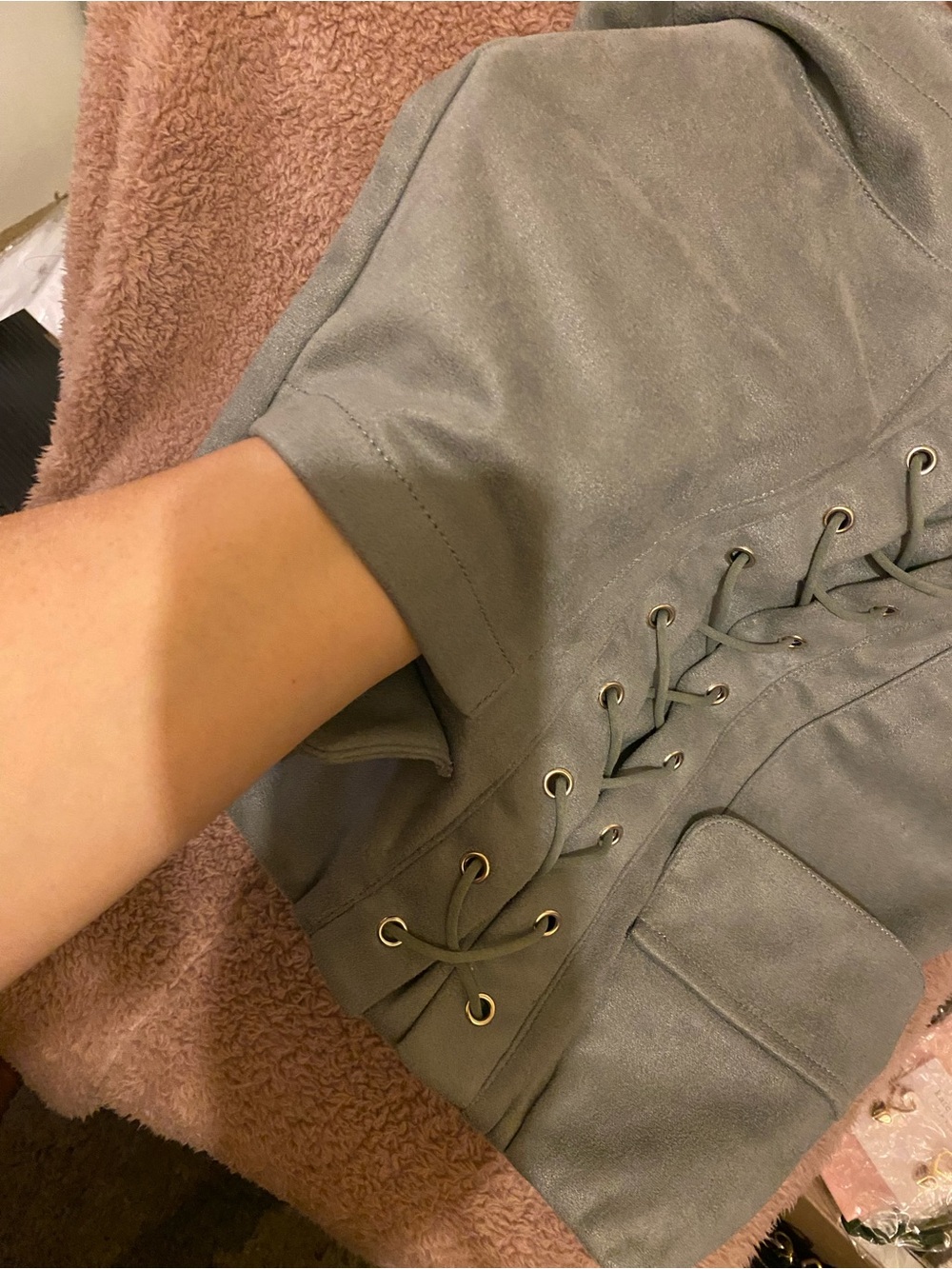 Simplee Apparel Gray Suede-Look Faux Lace-Up Pocket Mini Skirt - Picture 8 of 9